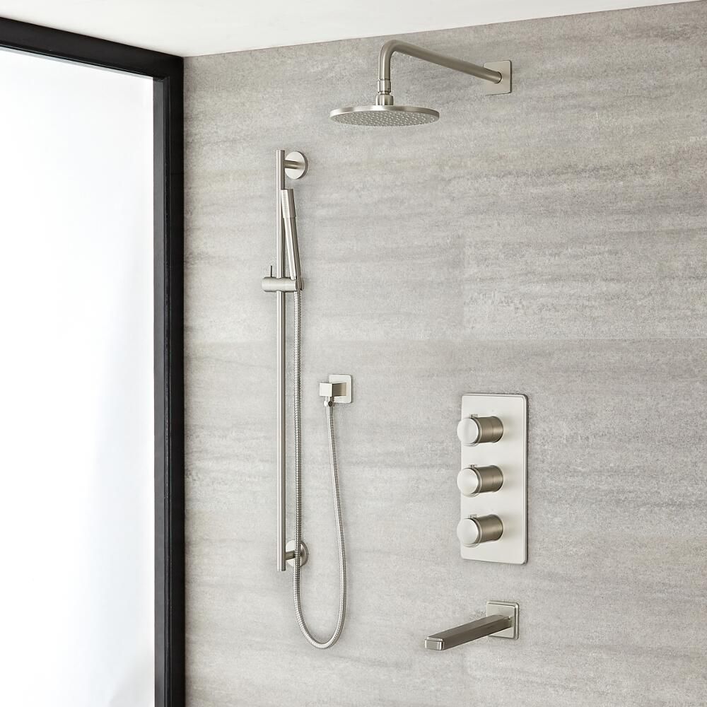 Milano Ashurst - Triple Diverter Thermostatic Shower Valve, 188mm Round Head, Riser Rail Kit and Spout - Brushed Nickel (3 Outlet)