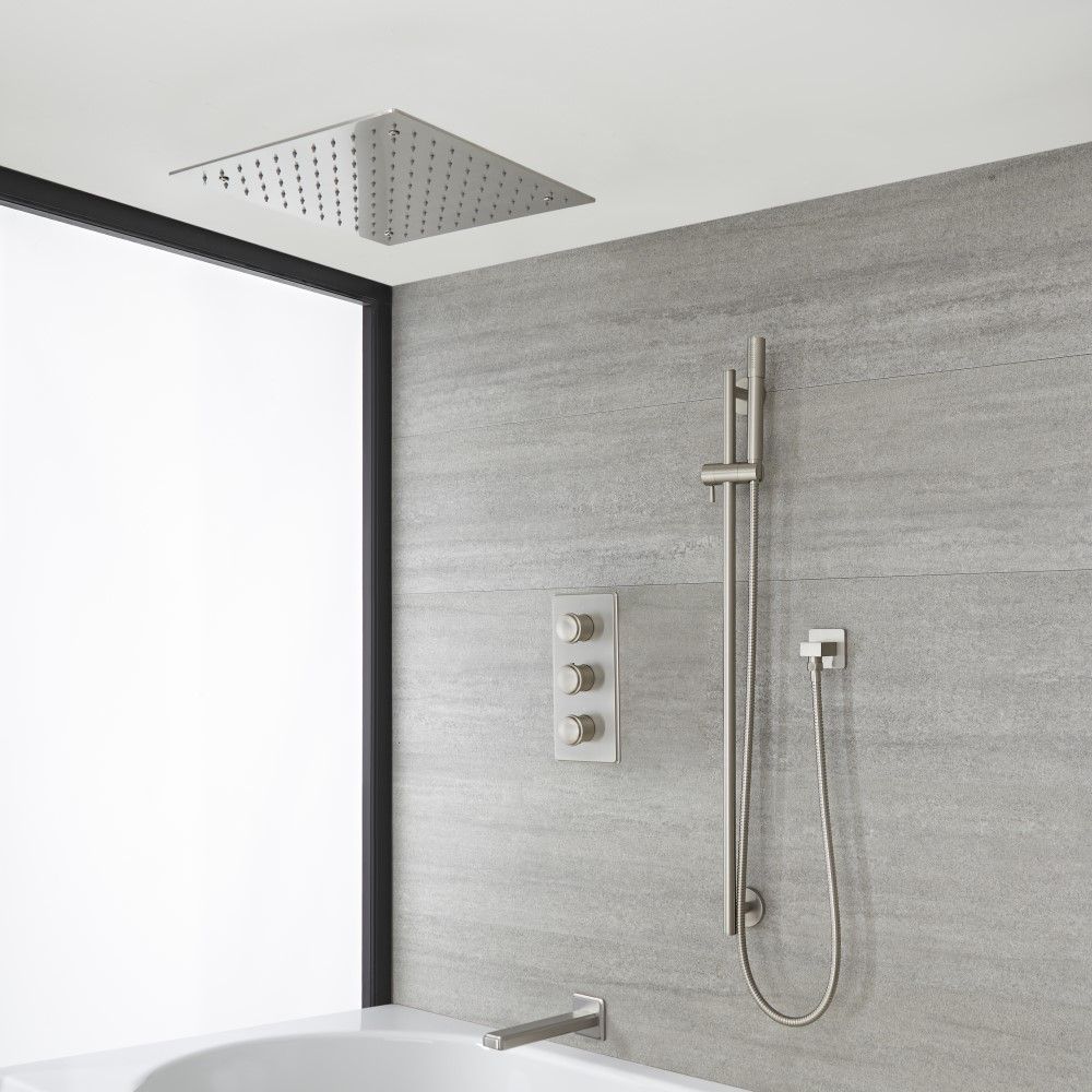 Milano Ashurst - Brushed Nickel Thermostatic Shower with Diverter, Recessed Shower Head, Hand Shower, Riser Rail and Bath Spout (3 Outlet)
