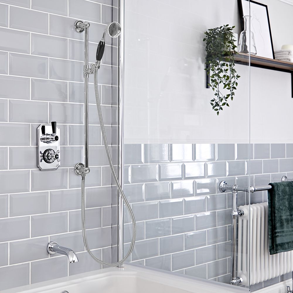 Milano Elizabeth - Chrome and Black Traditional Thermostatic Shower with Diverter, Riser Rail and Bath Spout (2 Outlet)