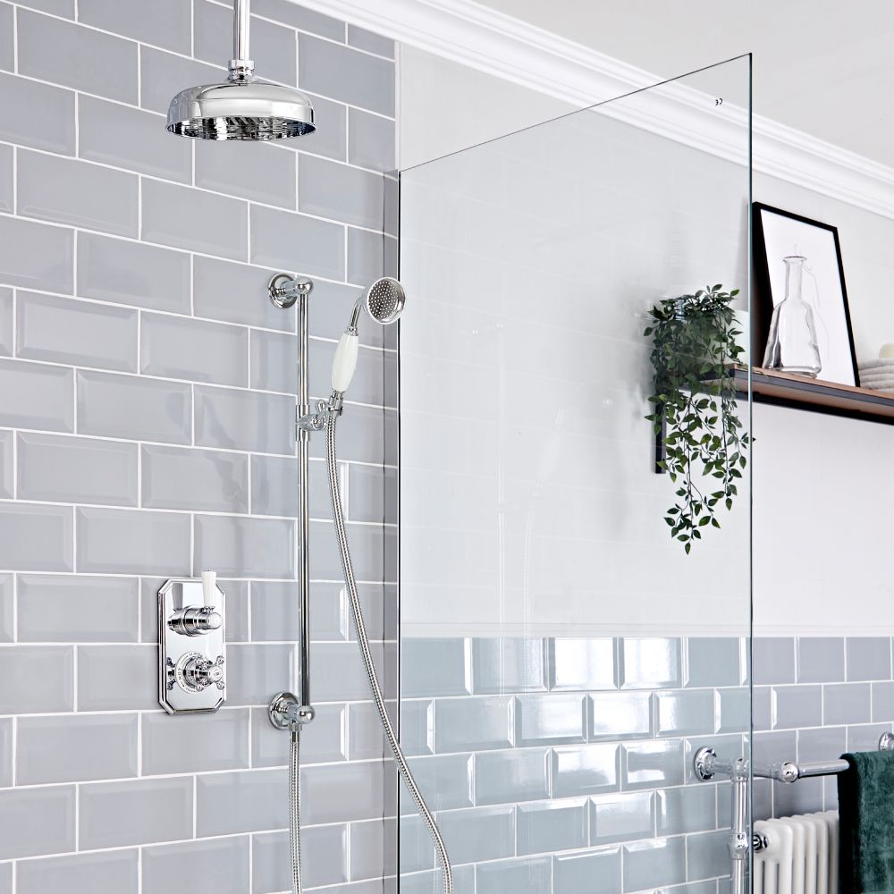 Milano Elizabeth - Chrome and White Traditional Thermostatic Shower with Diverter, Shower Head, Ceiling Arm and Riser Rail (2 Outlet)