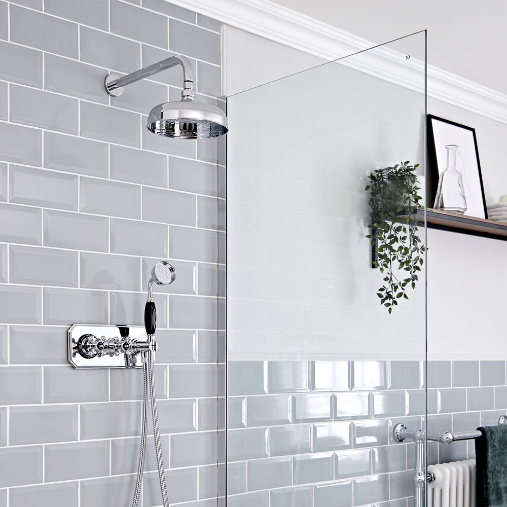 Milano Elizabeth - Chrome and Black Traditional Thermostatic Shower with Diverter, Shower Head and Hand Shower (2 Outlet)
