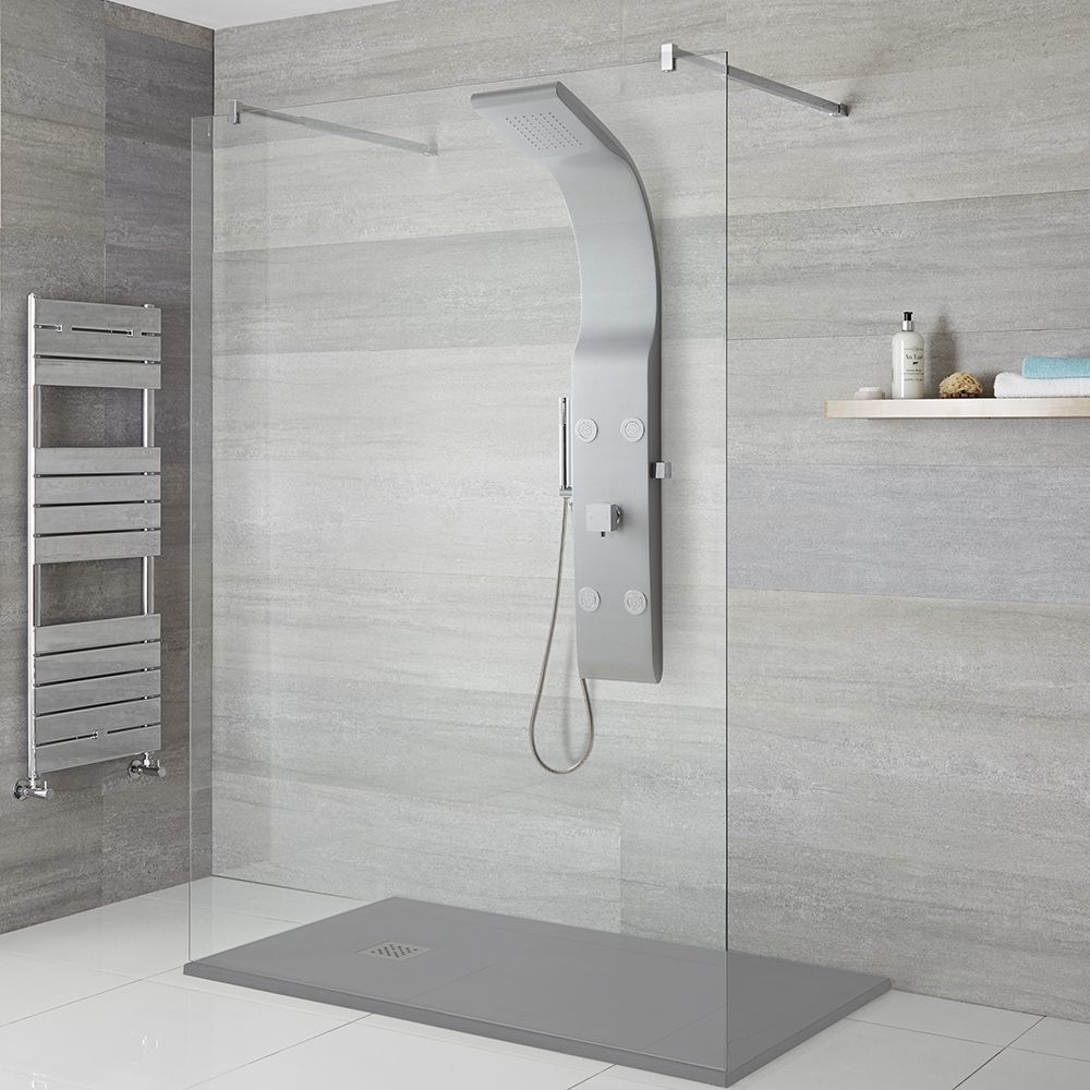 Milano Barton - Modern Shower Tower Panel with Shower Head, Hand Shower and Body Jets - Matt Silver