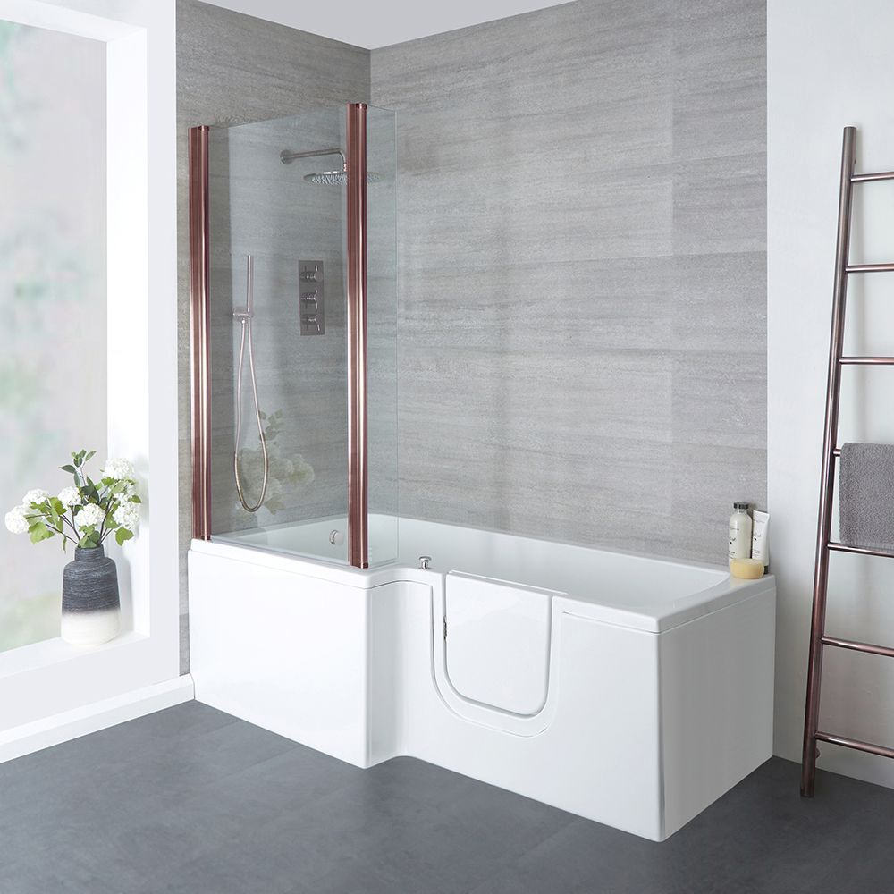 Milano Merso - 1700mm x 850mm Easy Access Walk-In L-Shaped Shower Bath - Choice of Screen and Left / Right Hand Options