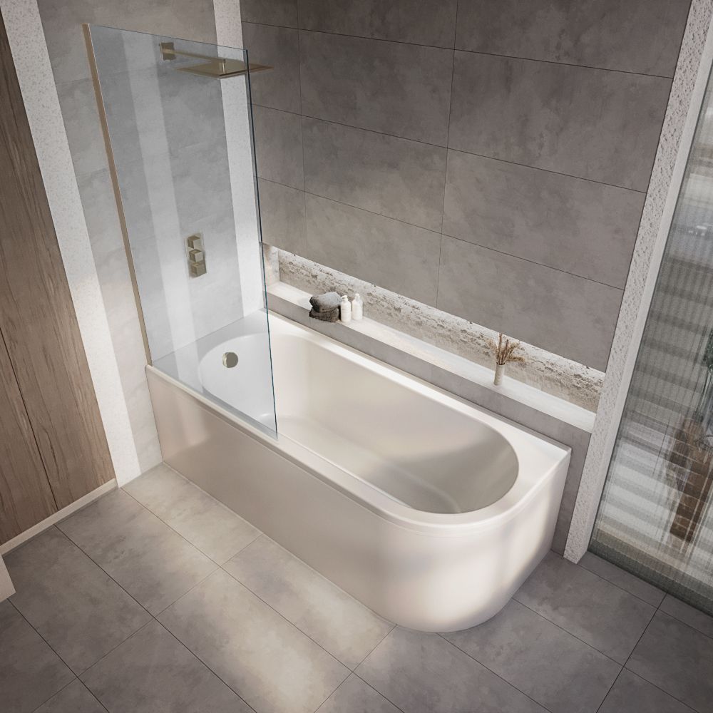 Milano Overton - 1700mm x 725mm Modern J-Shaped Corner Shower Bath with Brushed Copper Bath Screen - Left / Right Hand Options