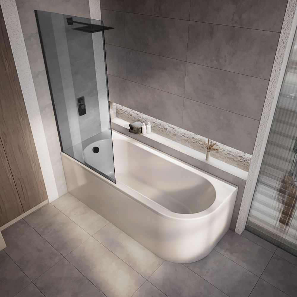 Milano Overton - 1700mm x 725mm Modern J-Shaped Corner Shower Bath with Smoked Glass Bath Screen - Left / Right Hand Options