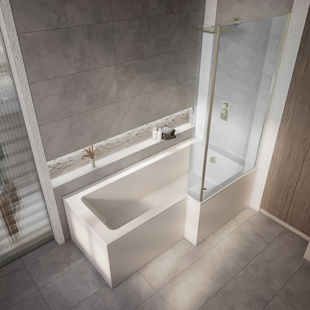 Milano Elswick - Modern L-Shaped Shower Bath with Antique Brass Bath Screen - Choice of Size, Panels and Left / Right Hand Options