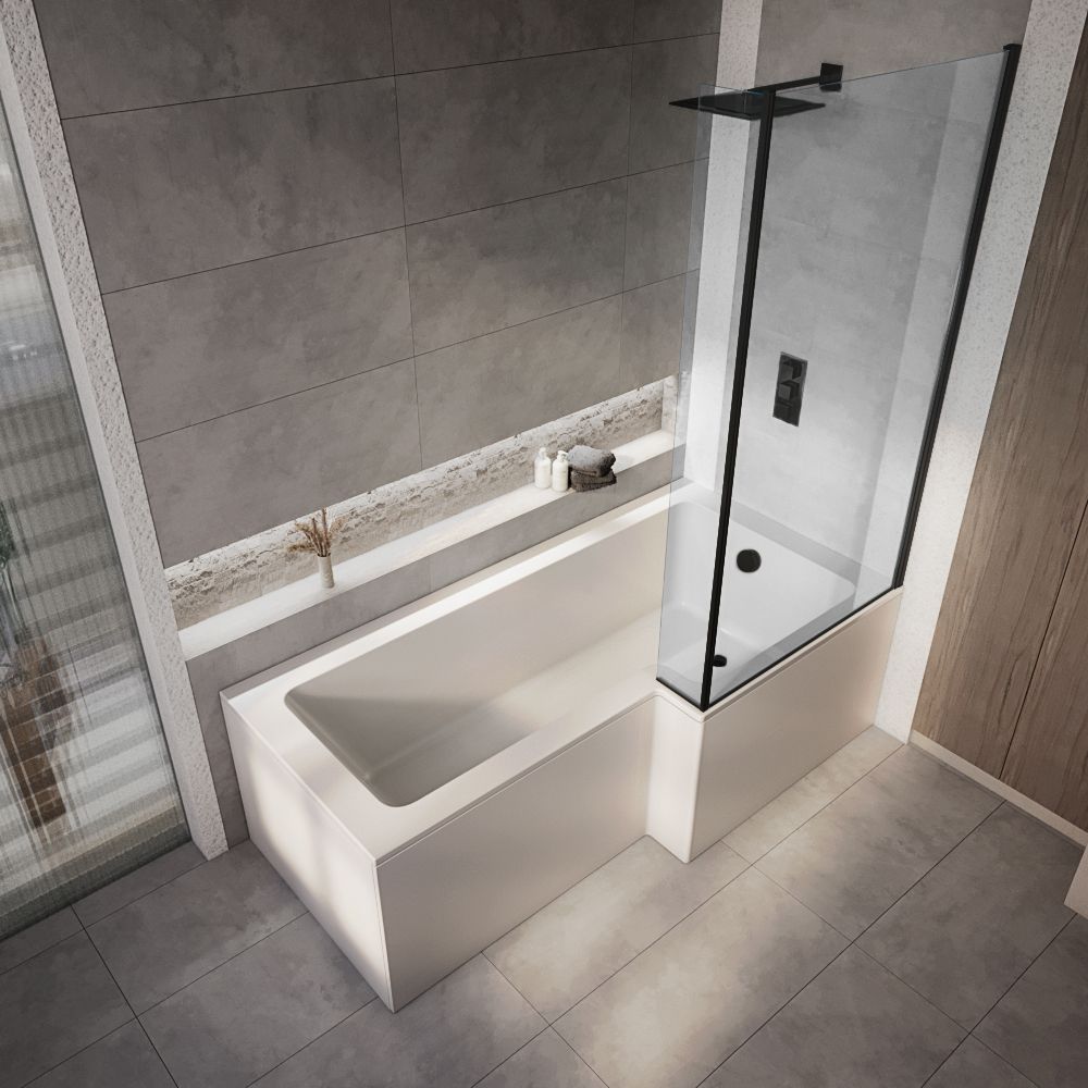 Milano Elswick - Modern L-Shaped Shower Bath with Black Bath Screen - Choice of Size, Panels and Left / Right Hand Options