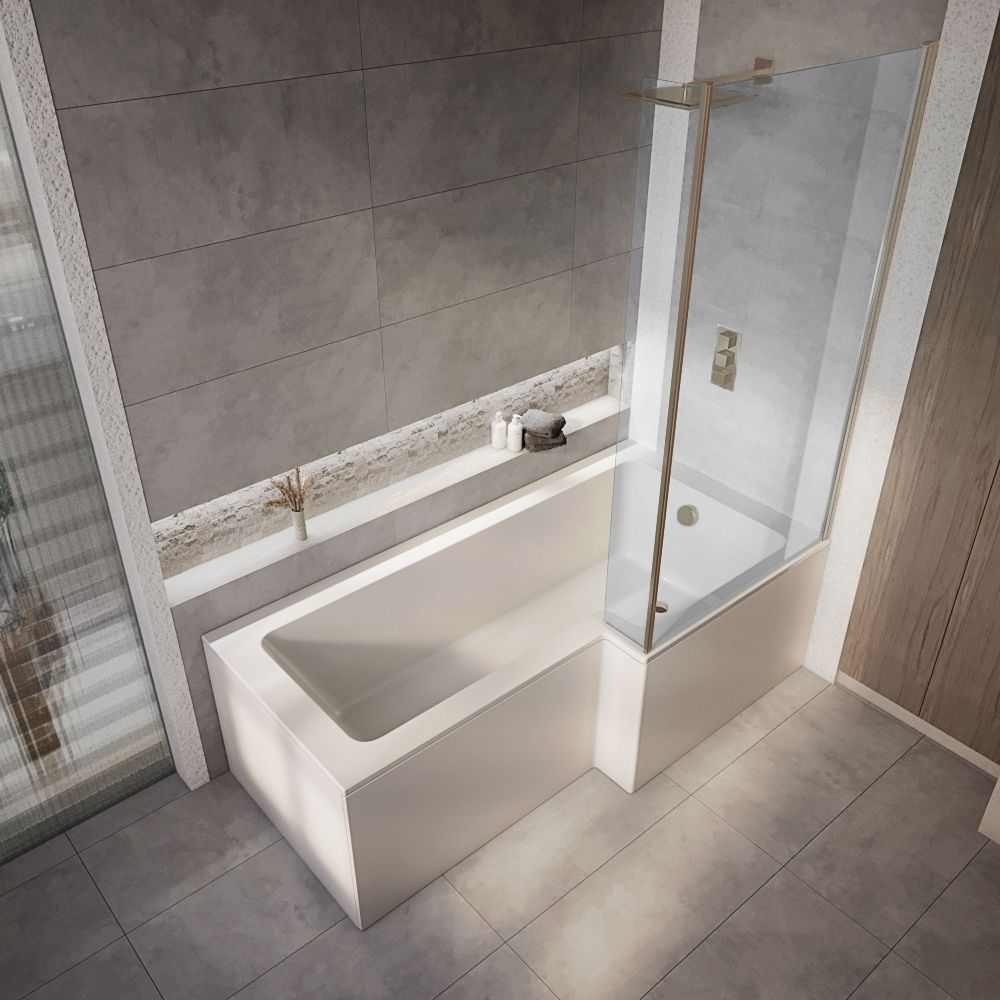 Milano Elswick - Modern L-Shaped Shower Bath with Brushed Copper Bath Screen - Choice of Size, Panels and Left / Right Hand Options