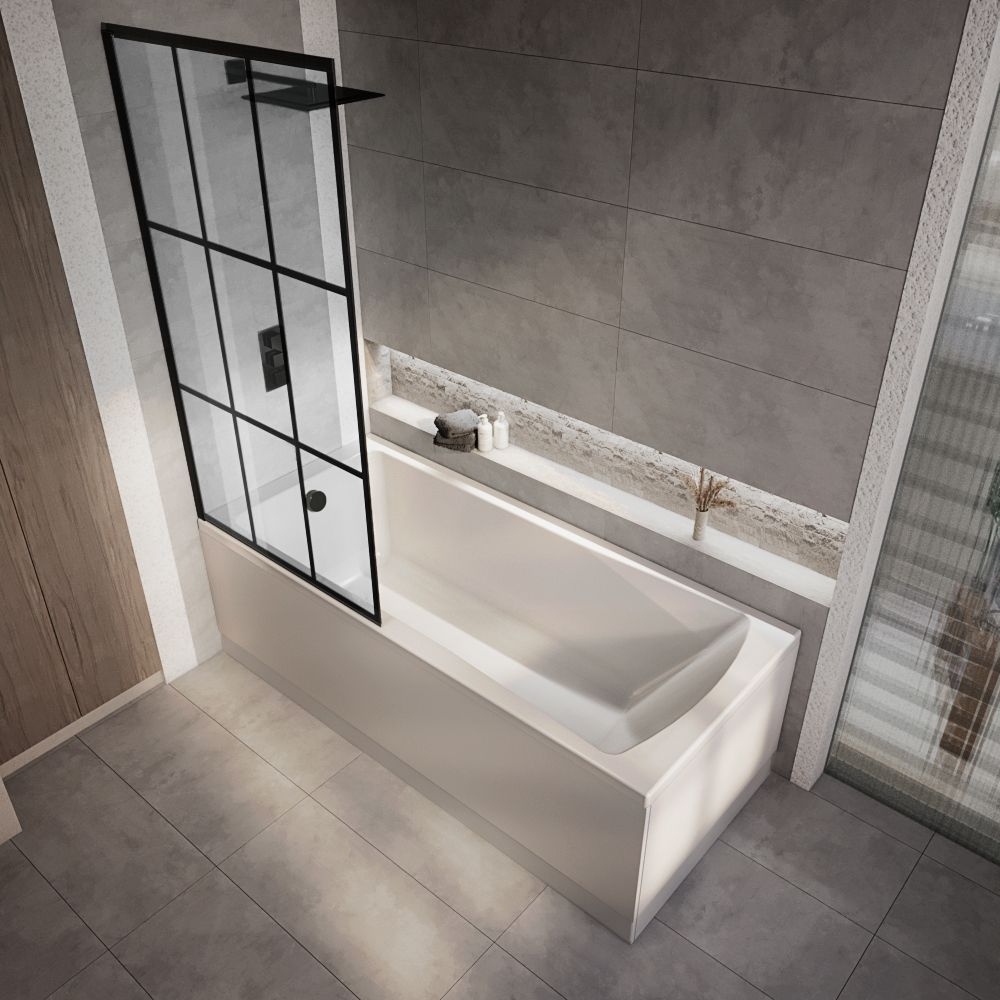 Milano Elswick - Modern Square Single Ended Shower Bath with Black Grid Bath Screen - Choice of Size and Panels