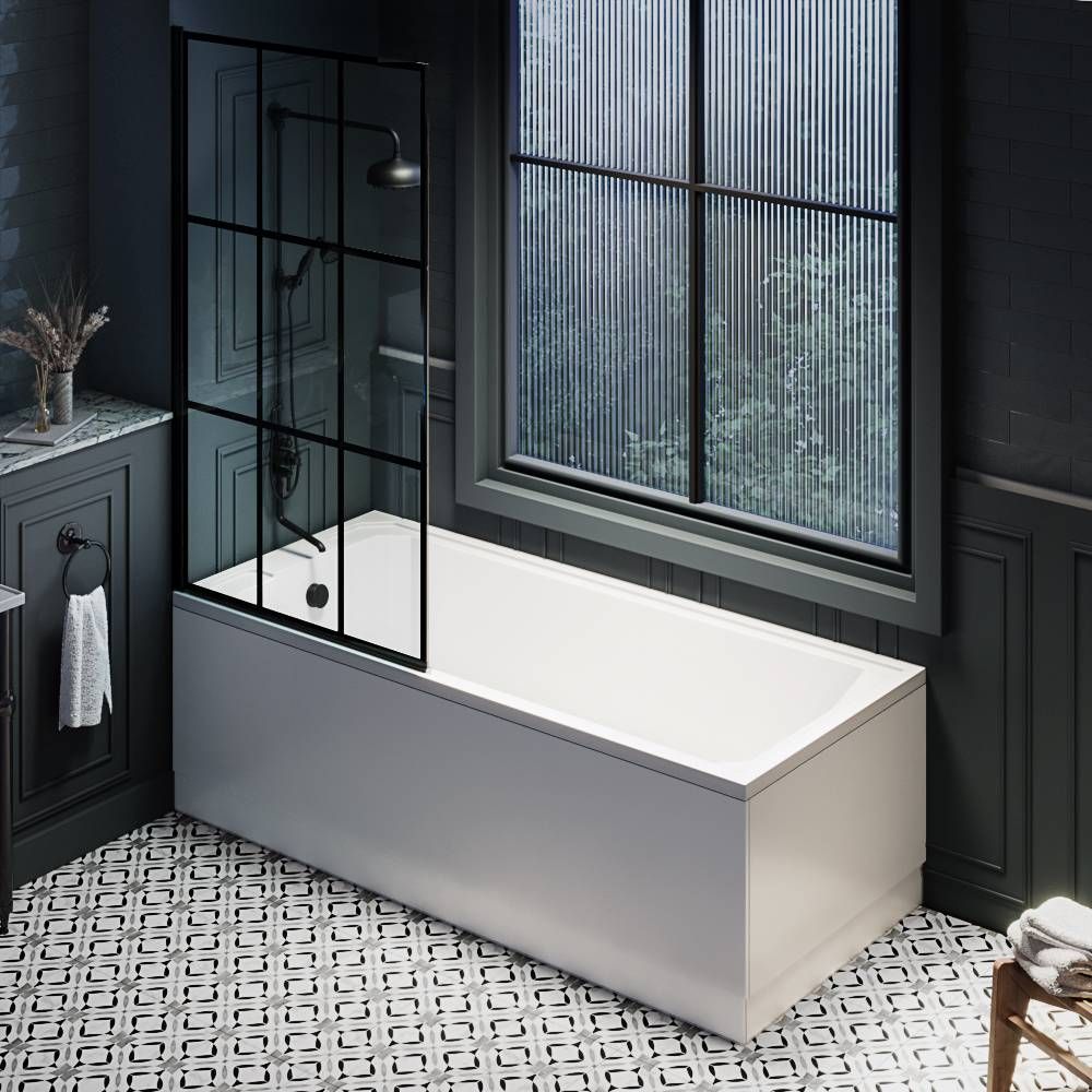 Milano Richmond - Traditional Art Deco Single Ended Shower Bath with Black Grid Bath Screen - Choice of Size and Panels
