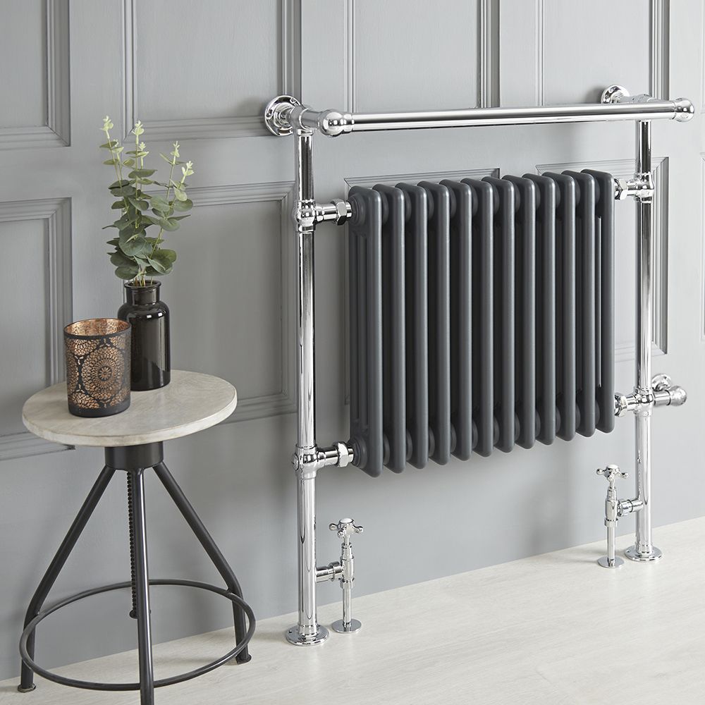 Milano Elizabeth - Anthracite Traditional Dual Fuel Heated Towel Rail - 930mm x 790mm (withOverhanging Rail) - Choice of Wi-Fi Thermostat and Cable Cover