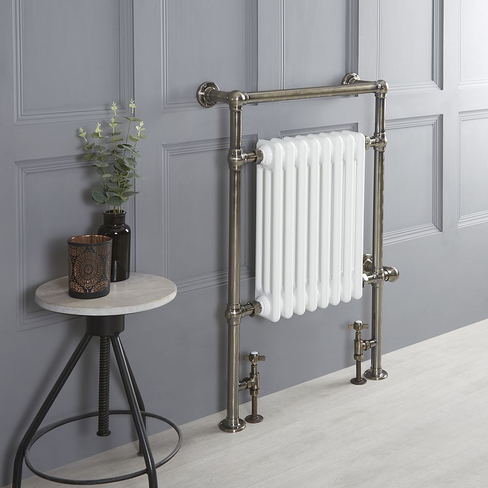 Milano Elizabeth - Brushed Brass Traditional Dual Fuel Heated Towel Rail - 930mm x 620mm - Choice of Wi-Fi Thermostat and Cable Cover