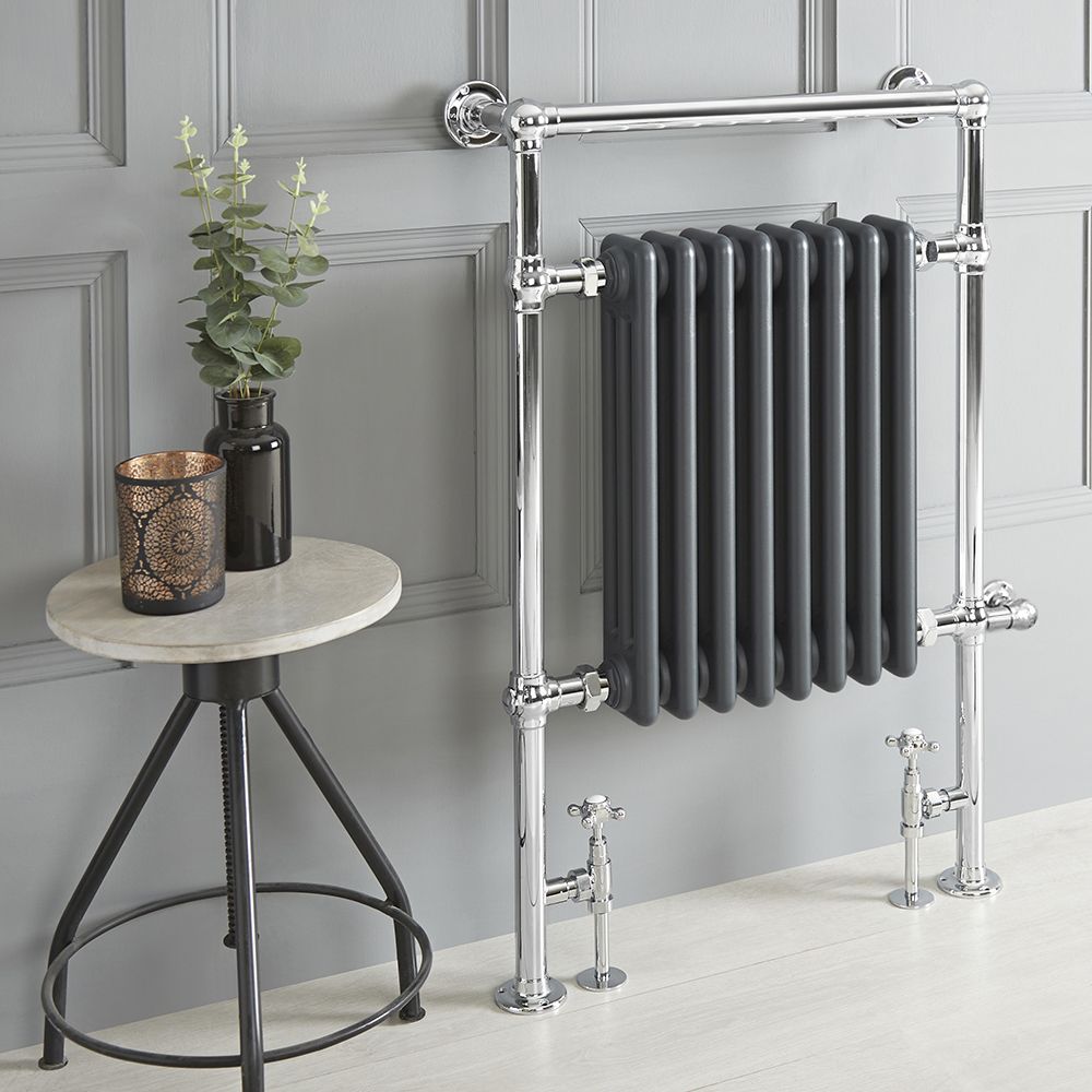 Milano Elizabeth - Anthracite Traditional Dual Fuel Heated Towel Rail - 930mm x 620mm - Choice of Wi-Fi Thermostat and Cable Cover