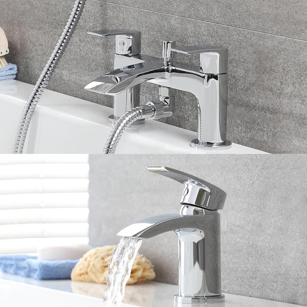 Milano Razor - Modern Basin with Bath Mixer Tap and Hand Shower Set - Chrome