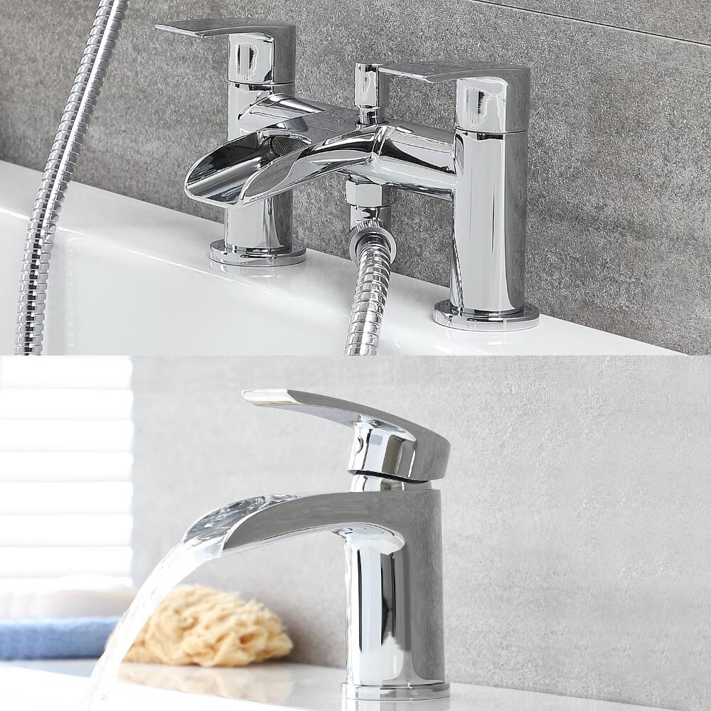 Modern Bath Mixer Filler Tap Chrome Waterfall Spout Twin Lever Shower Bathroom 