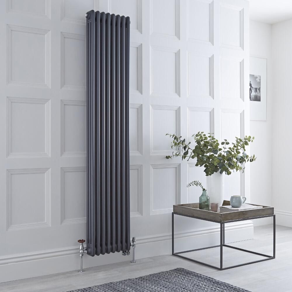 Milano Windsor - Anthracite Vertical Dual Fuel Traditional Column Radiator - 1800mm x 380mm (Triple Column) - Choice of Valve and Wi-Fi Thermostat