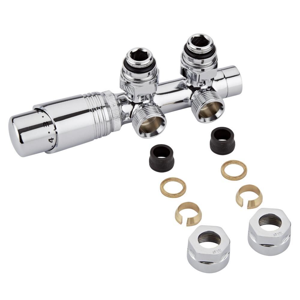 Milano - Chrome H-Block Angled Valve With Chrome TRV Head - 15mm Copper Adapters