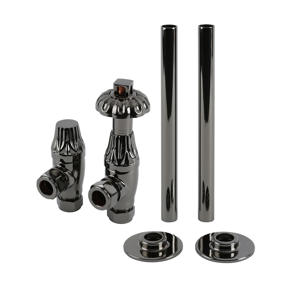 Milano Windsor - Thermostatic Antique Style Angled Radiator Valve and Pipe Set - Black Nickel
