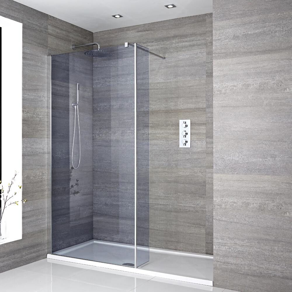 Milano Portland-Luna - Smoked Glass Walk-In Shower Enclosure with Tray - Choice of Sizes and Hinged Return Panel Option