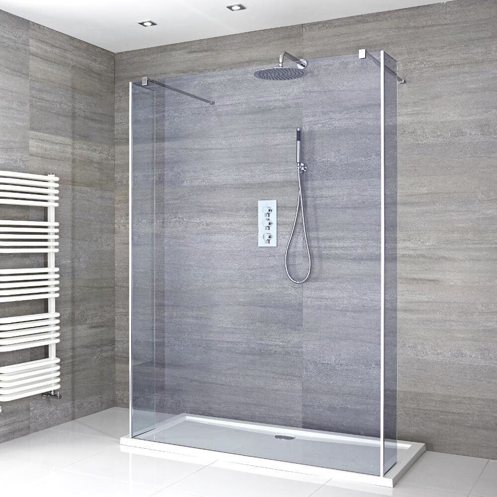 Milano Portland-Luna - Smoked Glass Open Walk-Through Chrome Shower Enclosure with Tray - Choice of Size and Hinged Return Panel Option