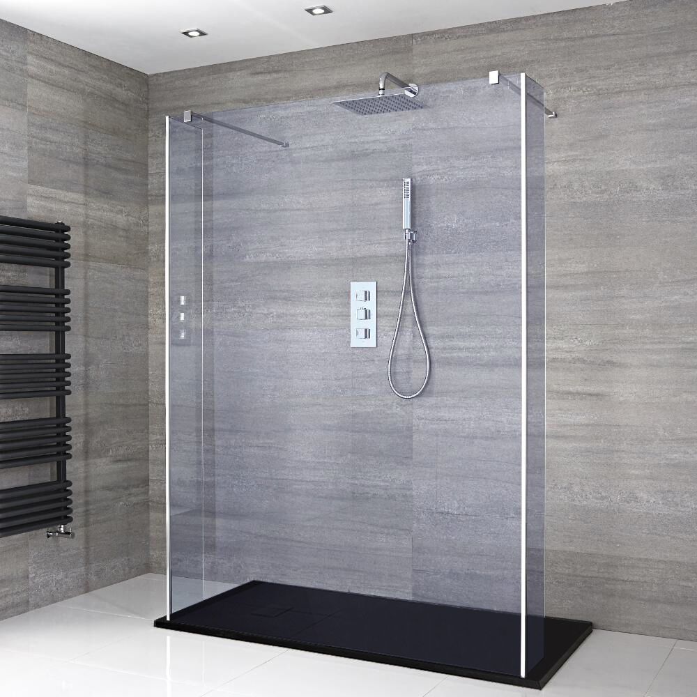 Milano Portland-Luna - Smoked Glass Open Walk-Through Chrome Shower Enclosure with Slate Tray - Choice of Size and Hinged Return Panel Option