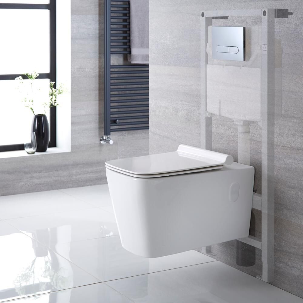 Milano Elswick - White Modern Wall Hung Toilet with Tall Wall Frame - Choice of Flush Plate
