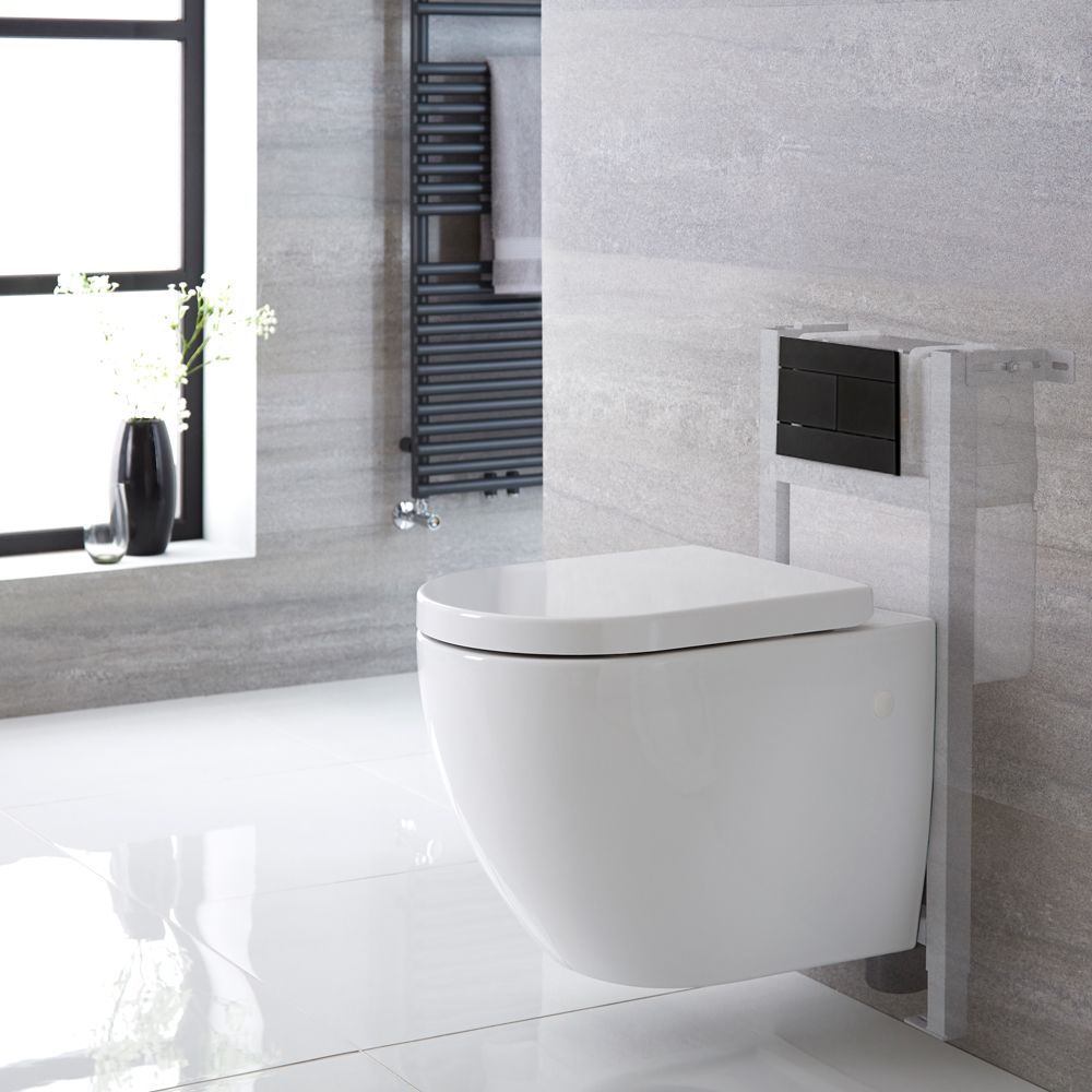 Milano Irwell - White Modern Rimless Wall Hung Toilet with Short Wall Frame - Choice of Flush Plate