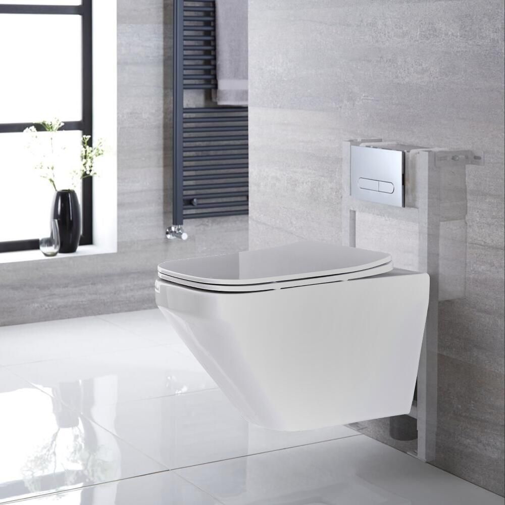 Milano Farington - White Modern Rimless Wall Hung Toilet with Short Wall Frame - Choice of Flush Plate