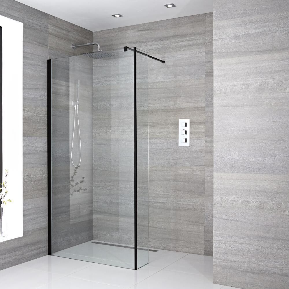 Milano Nero - 1950mm Wet Room Screen - Black - Choice of Sizes and Hinged Return Panel
