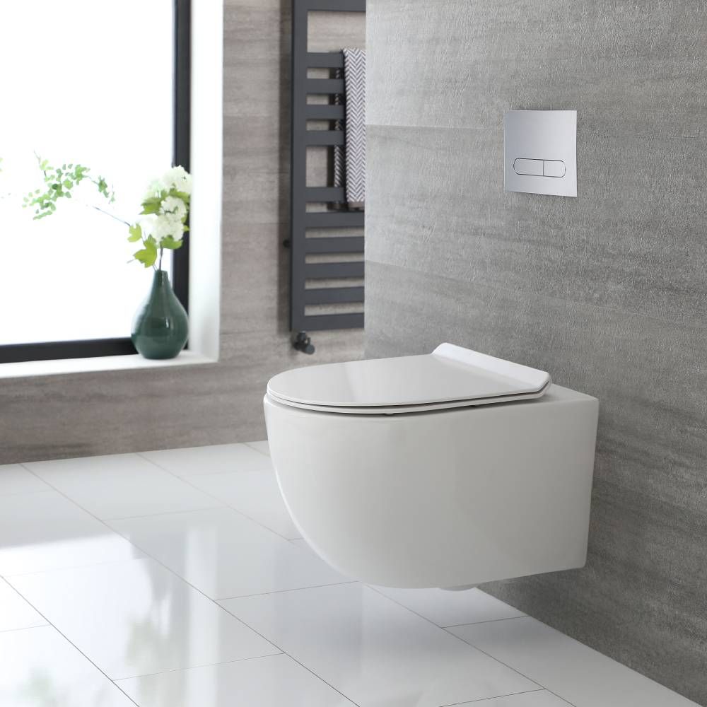 Milano Overton - White Modern Round Wall Hung Rimless Toilet with Soft Close Seat