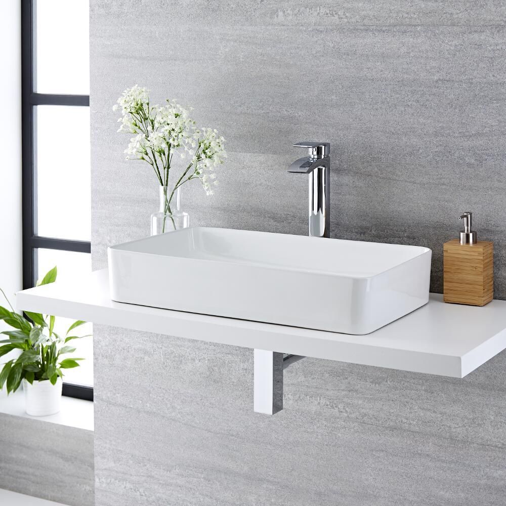 Milano Rivington - White Modern Rectangular Countertop Basin with High Rise Mixer Tap - 610mm x 350mm
