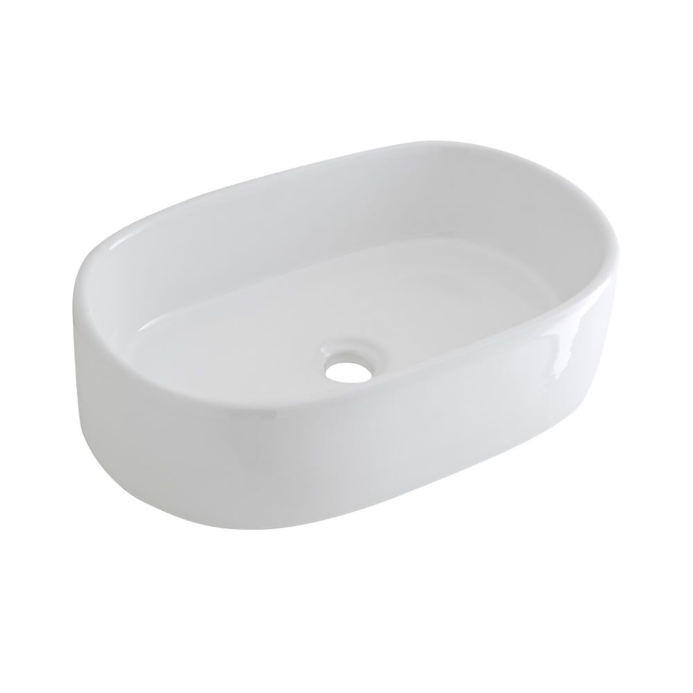 Milano Overton - White Modern Oval Countertop Basin with Wall Mounted Mixer Tap - 480mm x 350mm (No Tap-Holes)