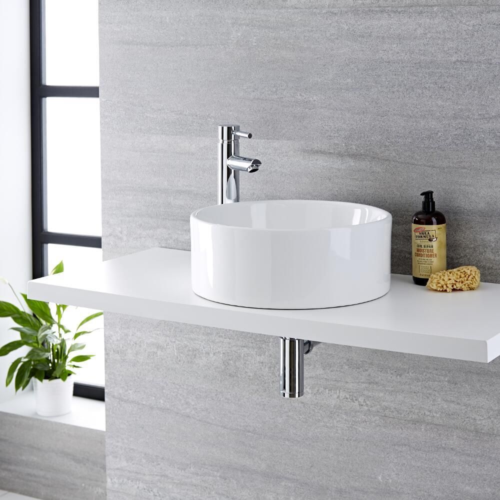Milano Ballam - White Modern Round Countertop Basin with High Rise Mixer Tap - 400mm x 400mm