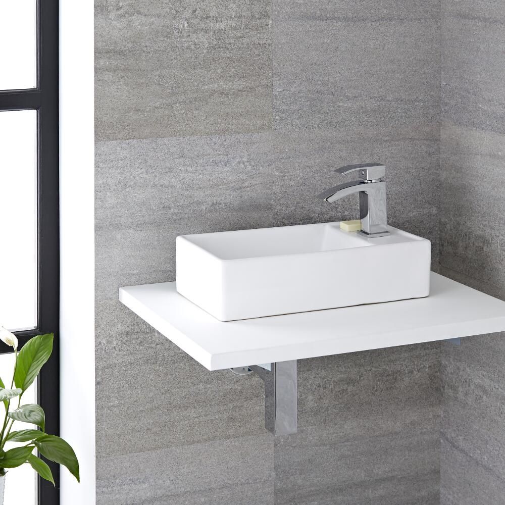 Milano Dalton - White Modern Rectangular Countertop Basin with Deck Mounted Mixer Tap - 410mm x 220mm