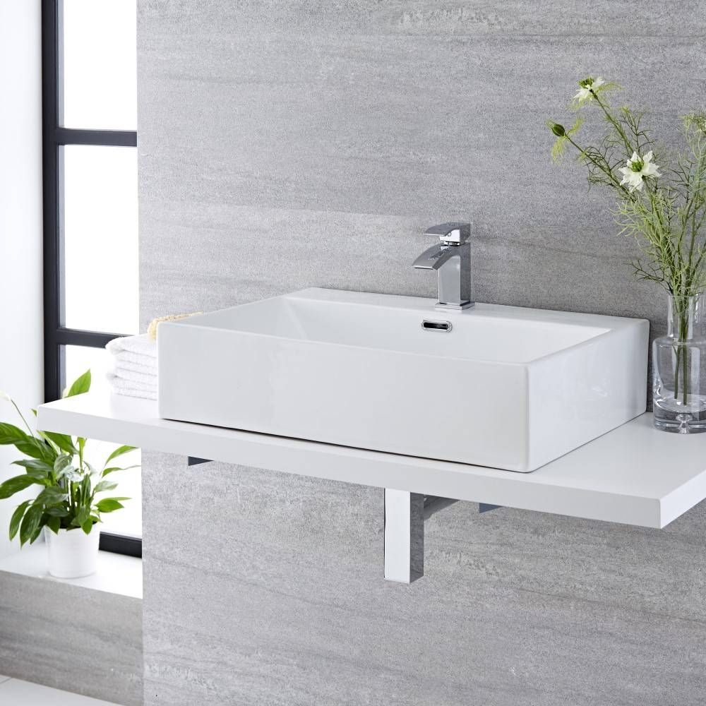 Milano Elswick - White Modern Rectangular Countertop Basin - 600mm x 420mm (1 Tap-Hole)