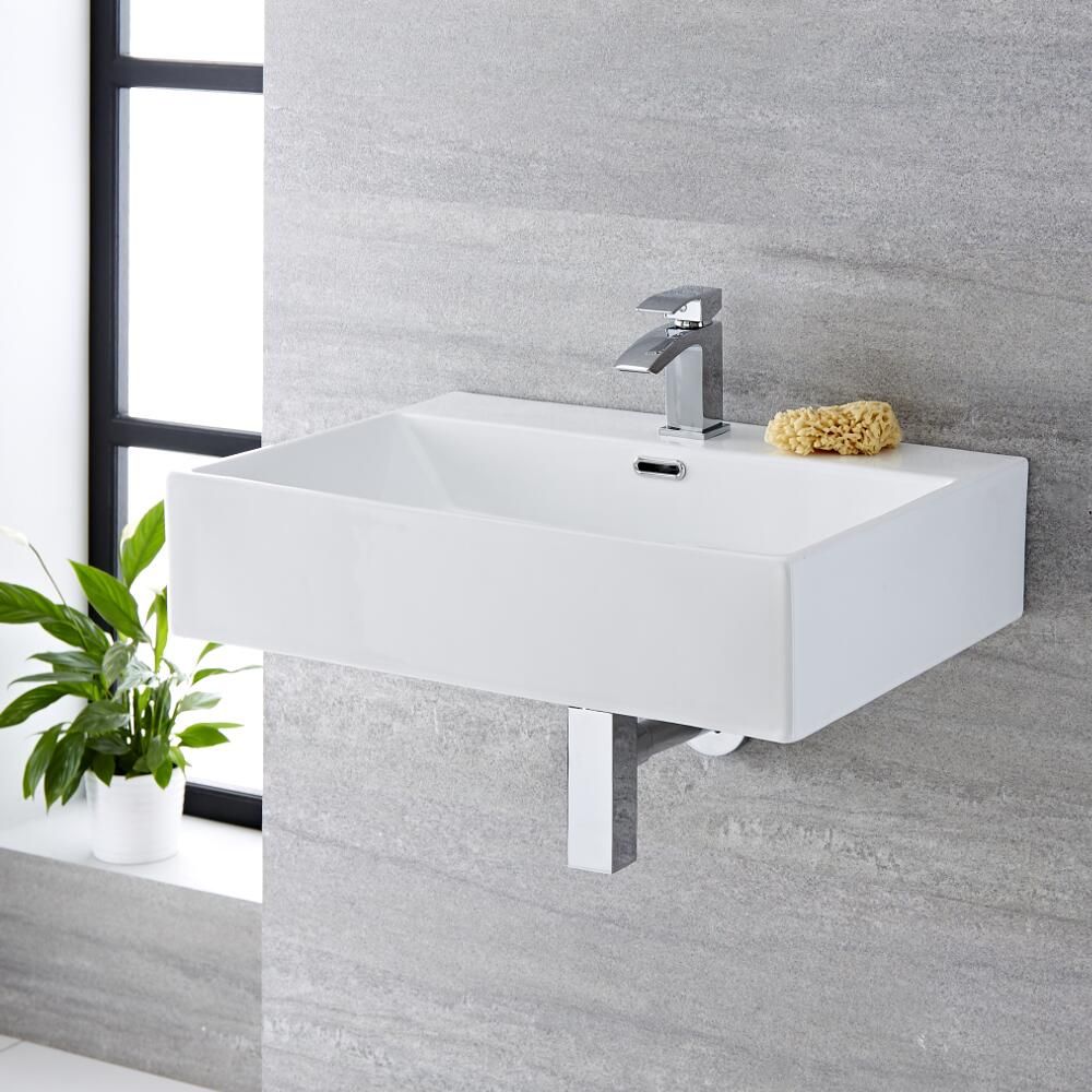 Milano Elswick - White Modern Rectangular Wall Hung Basin - 600mm x 420mm (1 Tap-Hole)