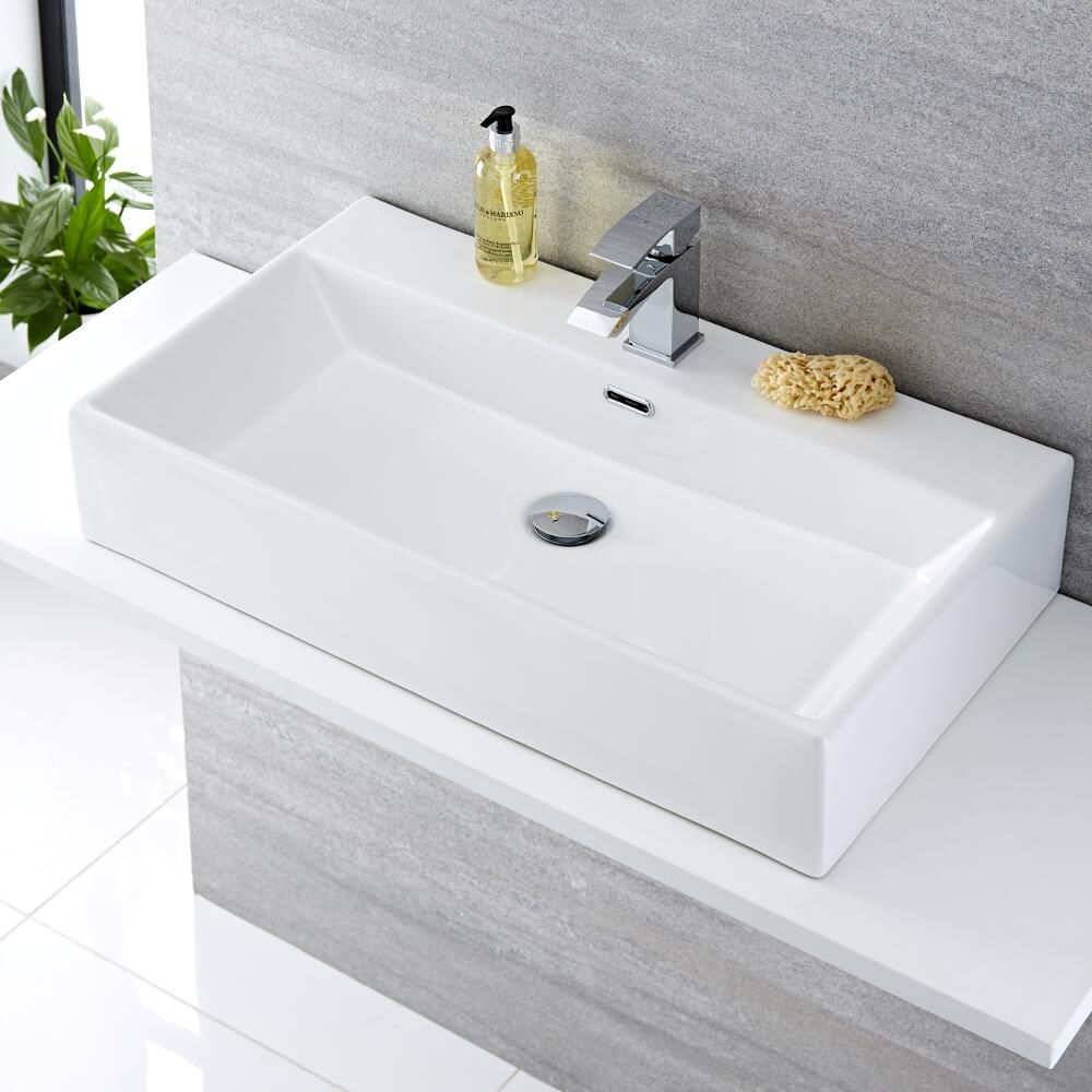 Milano Elswick - White Modern Rectangular Countertop Basin - 750mm x 420mm (1 Tap-Hole)