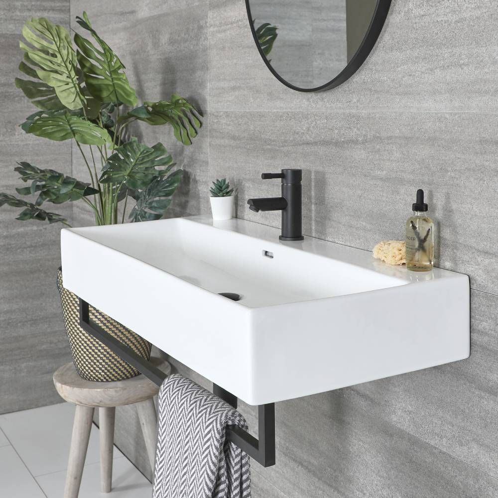 Milano Elswick - White Modern 750mm x 420mm Rectangular Wall Hung Basin with Black Towel Rail