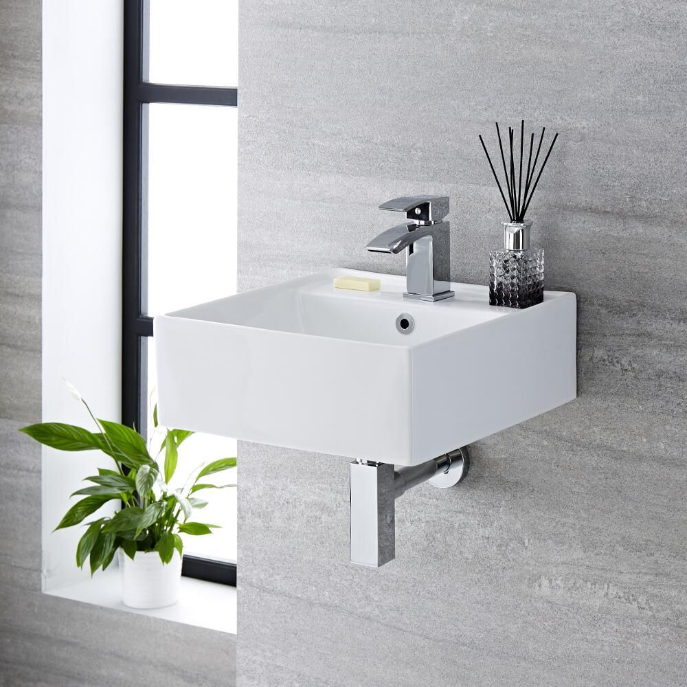Milano Dalton - White Modern Square Wall Hung Basin - 410mm x 410mm (1 Tap-Hole)