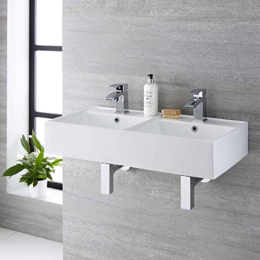 Milano Dalton - White Modern Double Rectangular Wall Hung Basin - 820mm x 420mm (2 Tap-Holes)