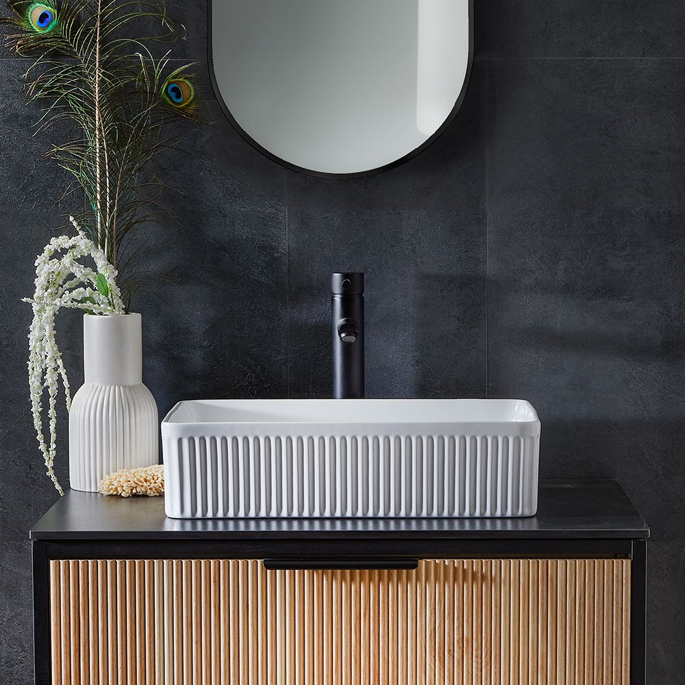 Milano Florence - White Fluted Rectangular Countertop Basin - 500mm x 340mm (No Tap-Holes)