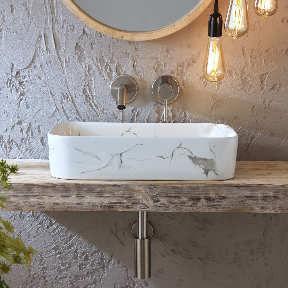 Milano Rivington - Marble Effect Rectangular Countertop Basin - 505mm x 370mm (No Tap Holes)