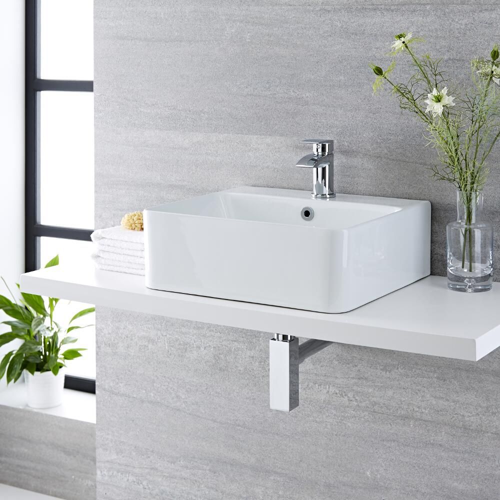 Milano Farington - White Modern Rectangular Countertop Basin (1 Tap-Hole) - Choice of Size and Overflow Ring Finish