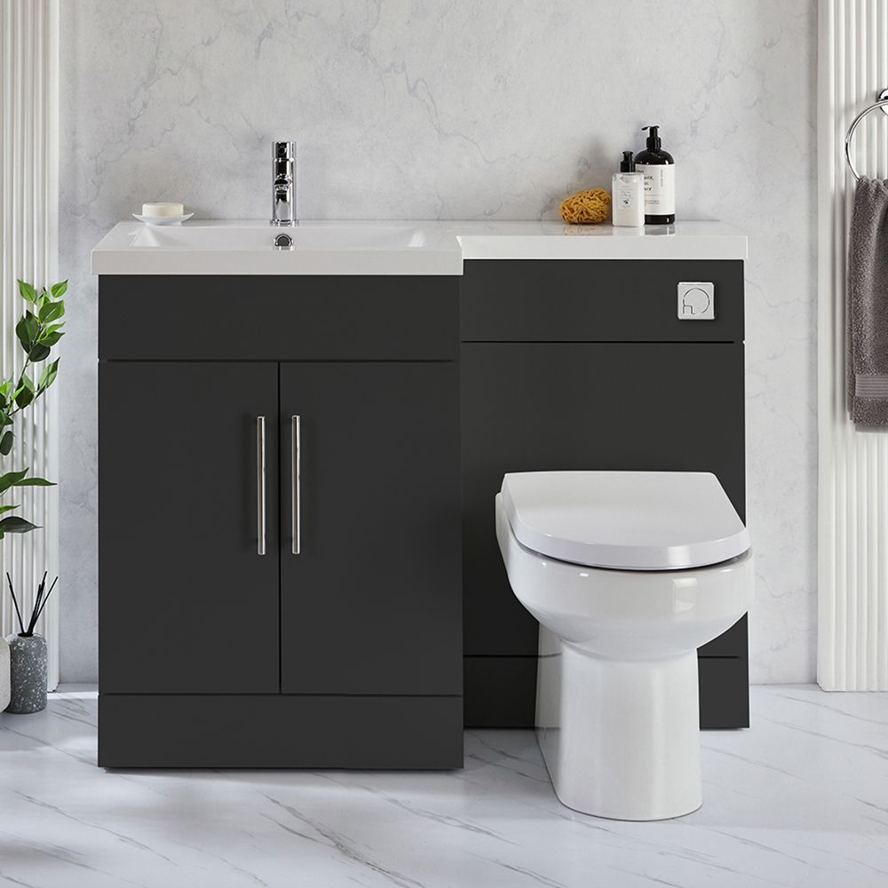 Milano Lurus - Black Grey 1105mm Modern Left-Hand Vanity and WC Combination Unit with Ballam Toilet - Chrome T-Bar Handles