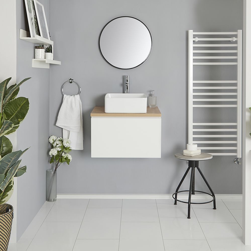 Milano Oxley - White and Golden Oak 600mm Wall Hung Vanity Unit with Countertop Basin