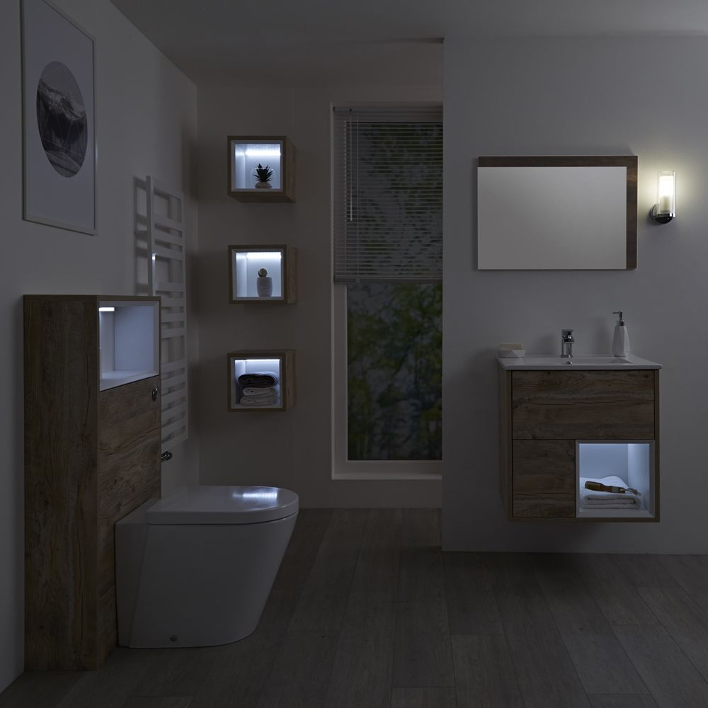 Milano Bexley - Light Oak Modern 600mm Open Shelf Vanity Unit, WC Unit, Rivington Pan, Three Storage Units and Mirror