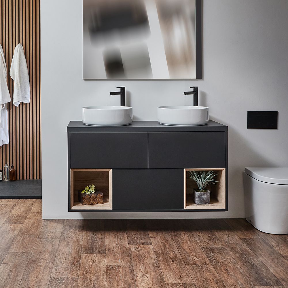 Milano Bexley - 1200mm Wall Hung Open Shelf Vanity Unit - Choice of Basin, Finish and LED Light