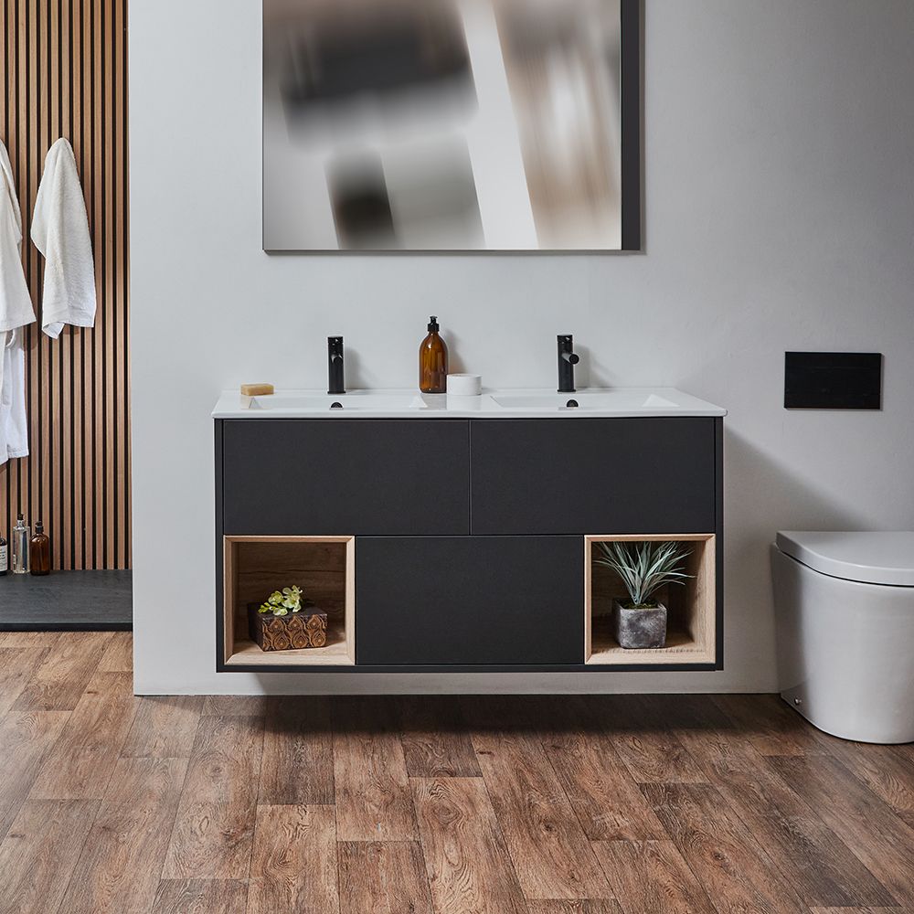 Milano Bexley - 1210mm Wall Hung Open Shelf Vanity Unit with Double Basin - Choice of Finish, Basin and LED Light
