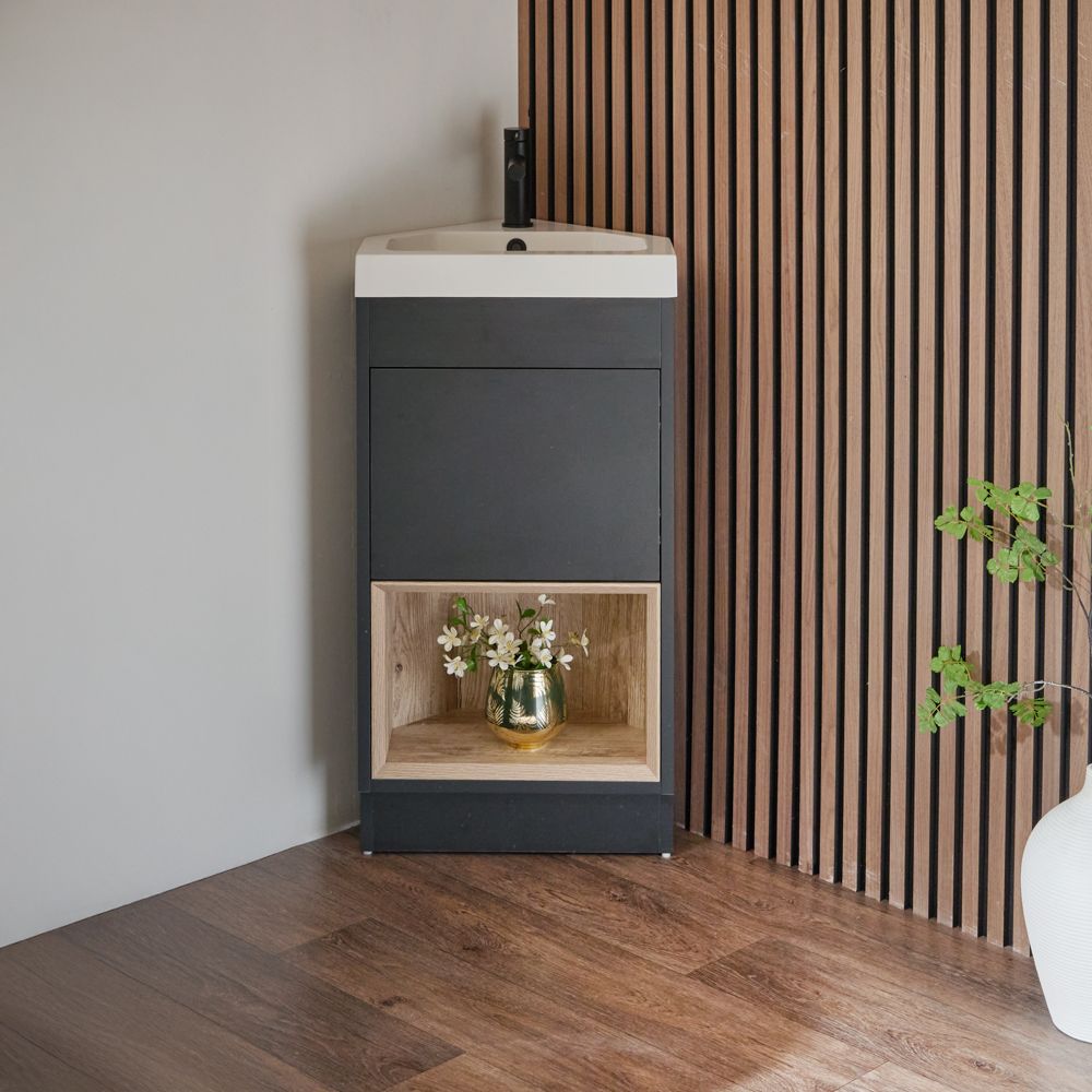 Milano Bexley - 450mm Modern Open Shelf Cloakroom Corner Vanity Unit with Basin - Choice of Finish and LED Light