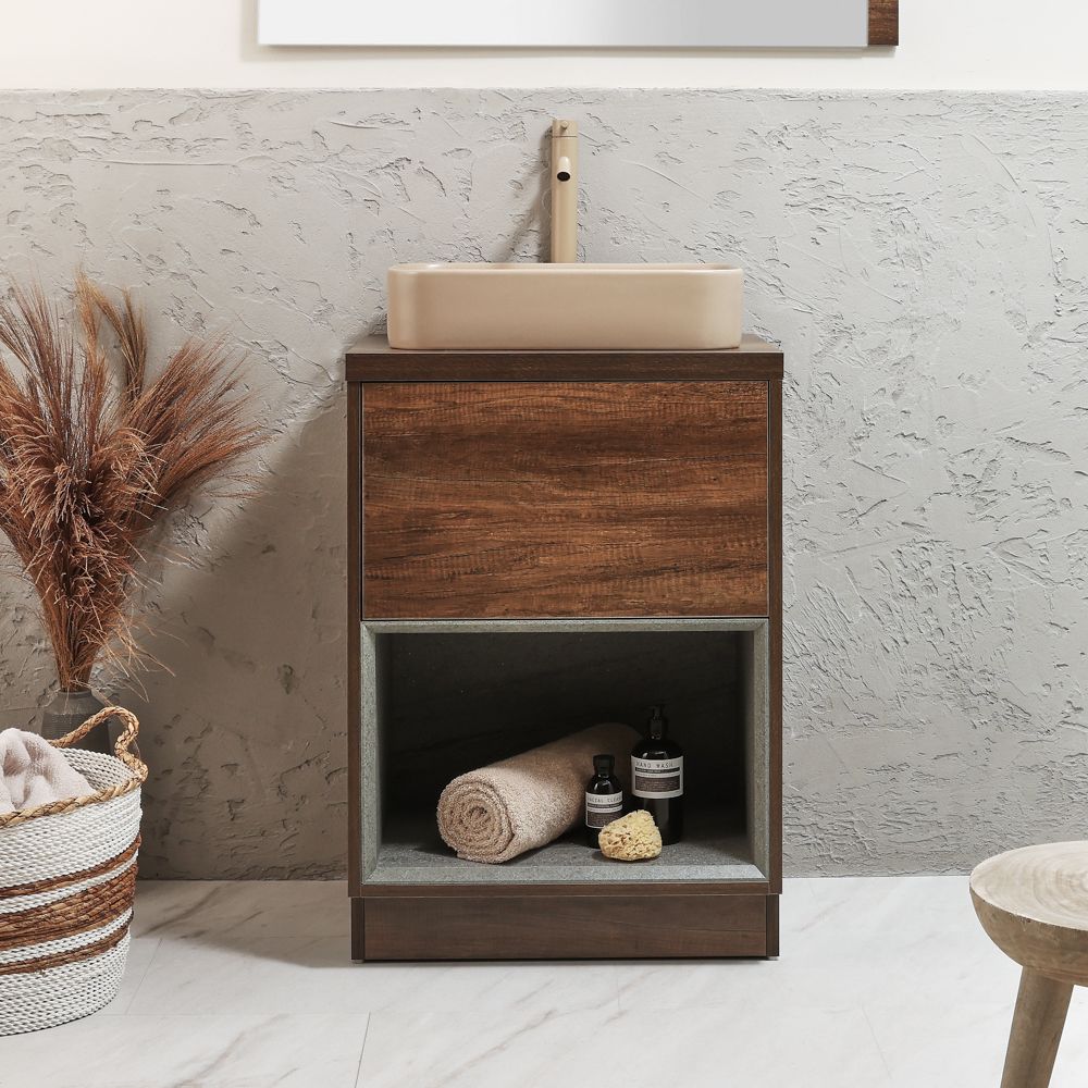 Milano Bexley - 600mm Open Shelf Vanity Unit with Elements Countertop Basin - Choice of Basin, Finish and LED Light